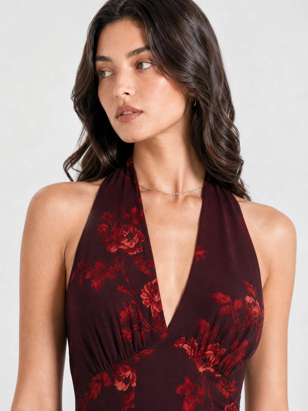 Halter V-neck Drop Waist Georgette Midi Dress