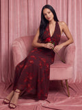 Valentine's Day Exclusive - Halter V-neck Drop Waist Georgette Midi Dress