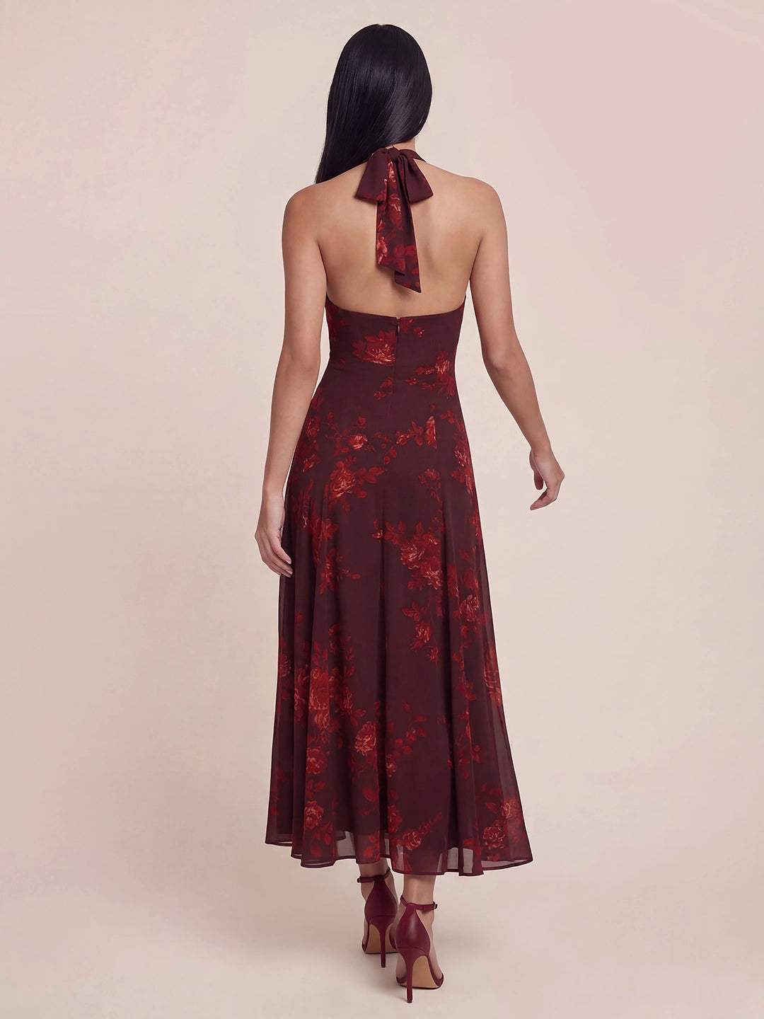 Valentine's Day Exclusive - Halter V-neck Drop Waist Georgette Midi Dress