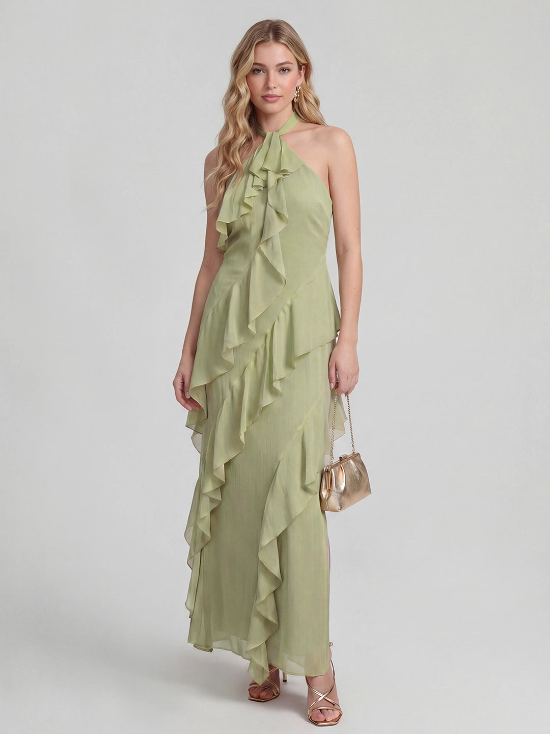 Halterneck Flowy Tiered Ruffle Maxi Dress