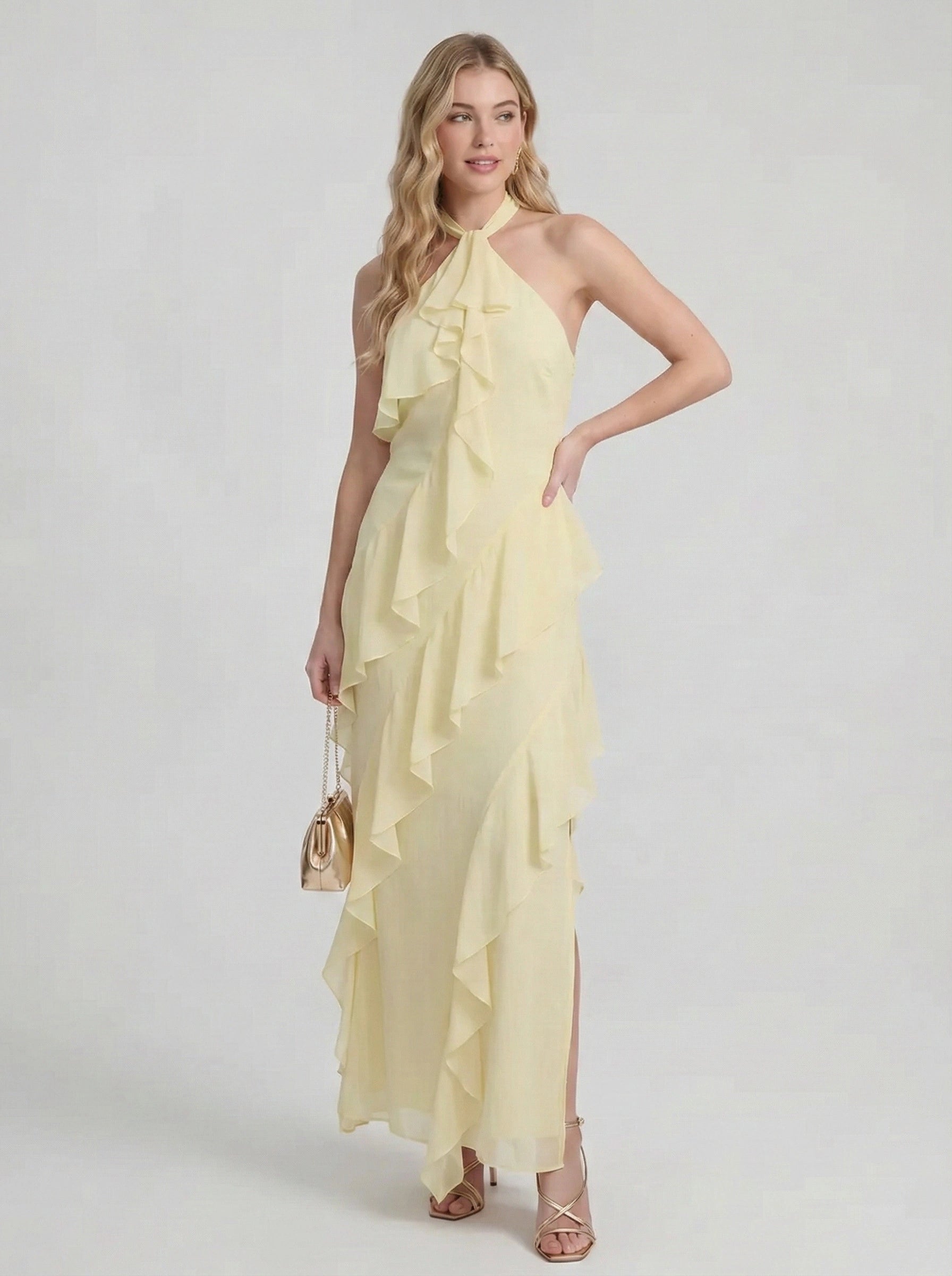 Halterneck Flowy Tiered Ruffle Maxi Dress