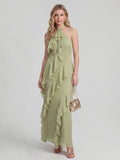 Halterneck Flowy Tiered Ruffle Maxi Dress