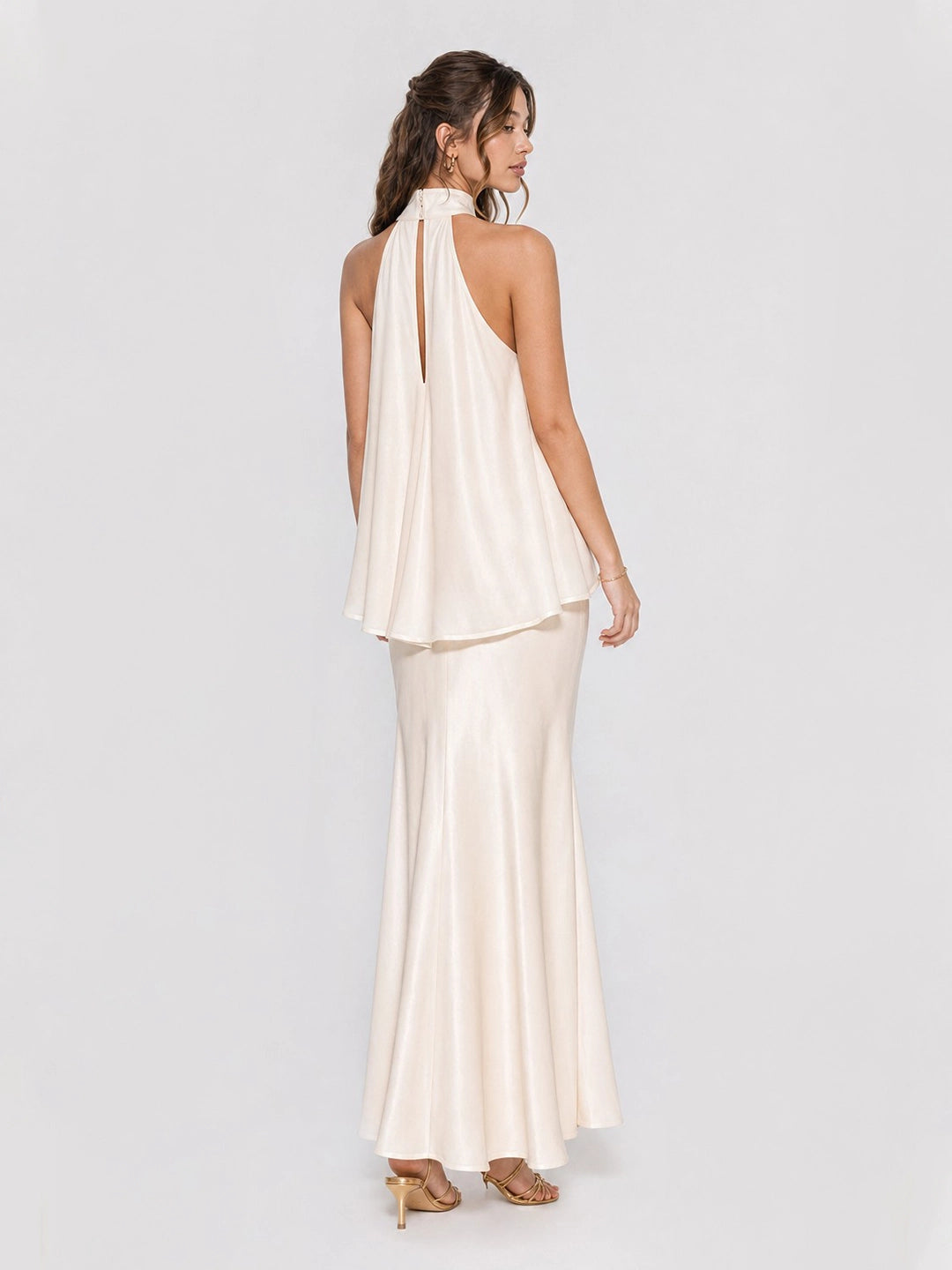 Halterneck Layered Ruffle Stain Maxi Dress