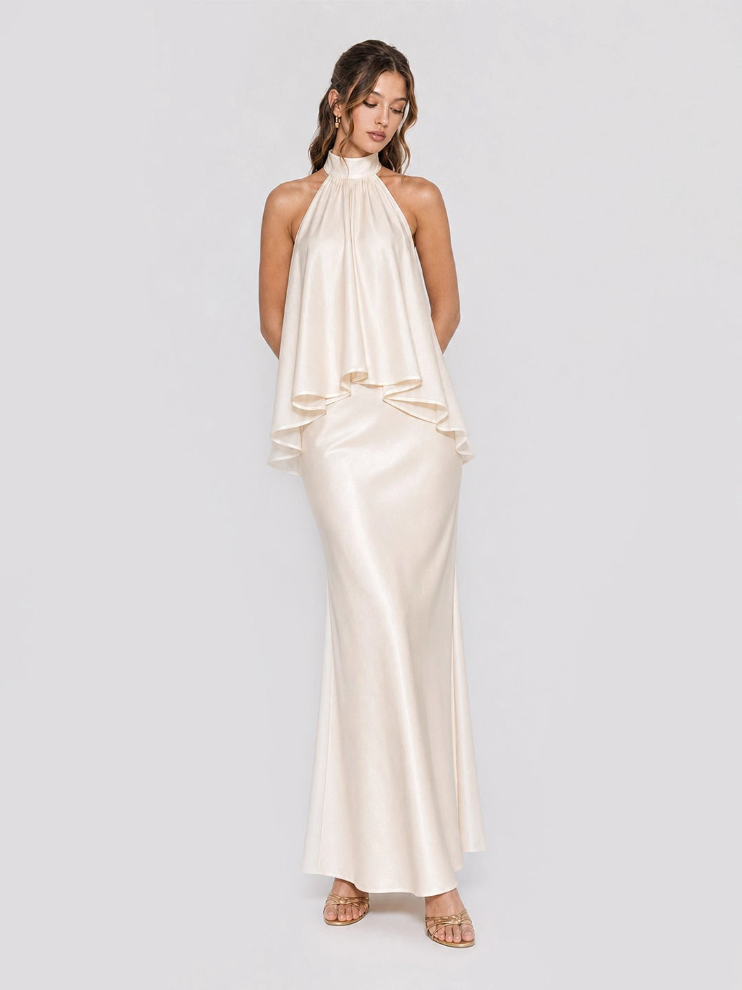Halterneck Layered Ruffle Stain Maxi Dress