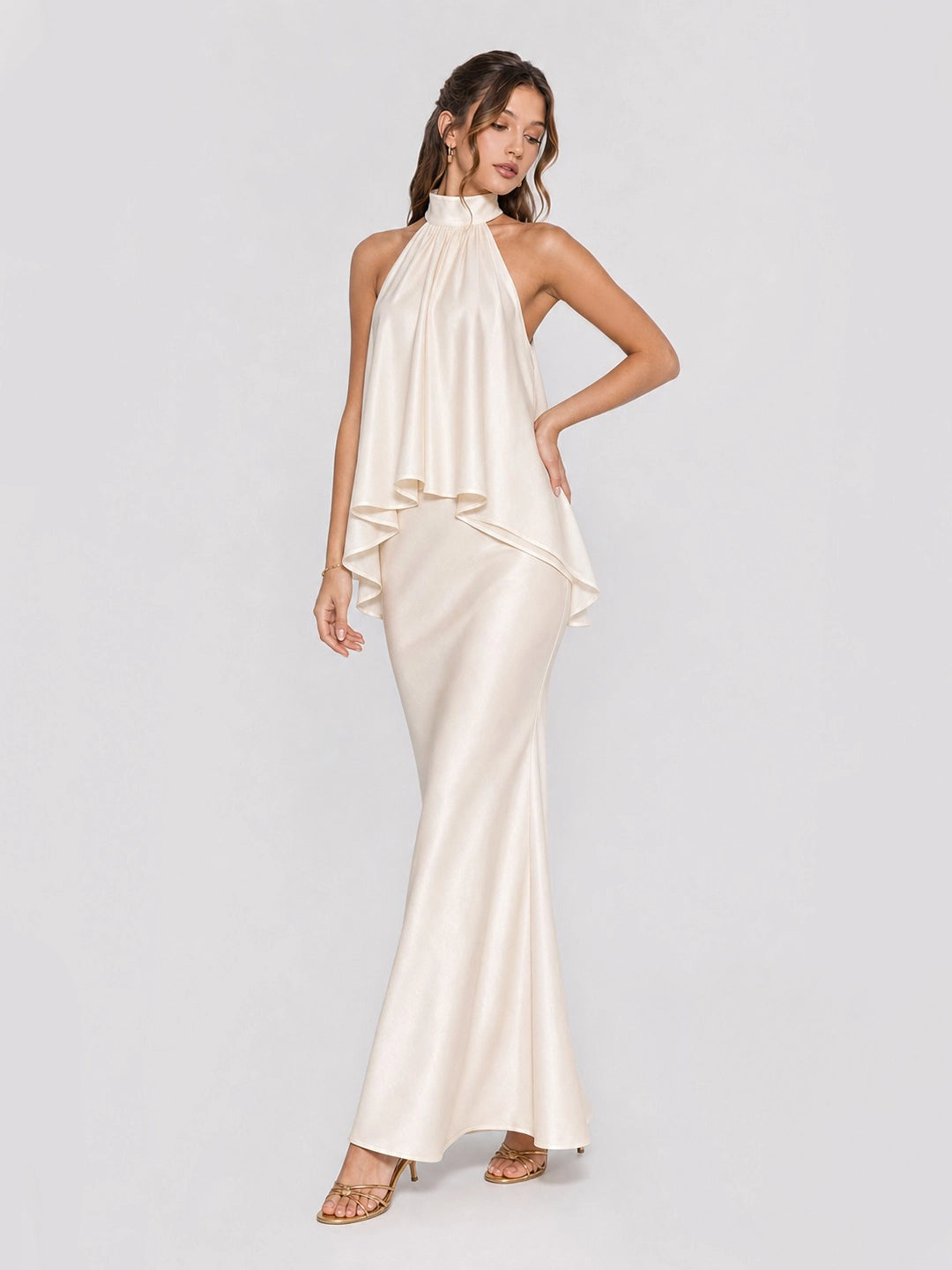 Halterneck Layered Ruffle Stain Maxi Dress