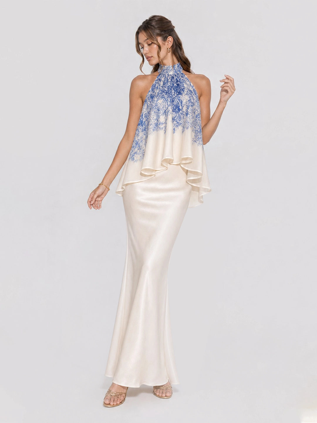 Halterneck Layered Ruffle Stain Maxi Dress