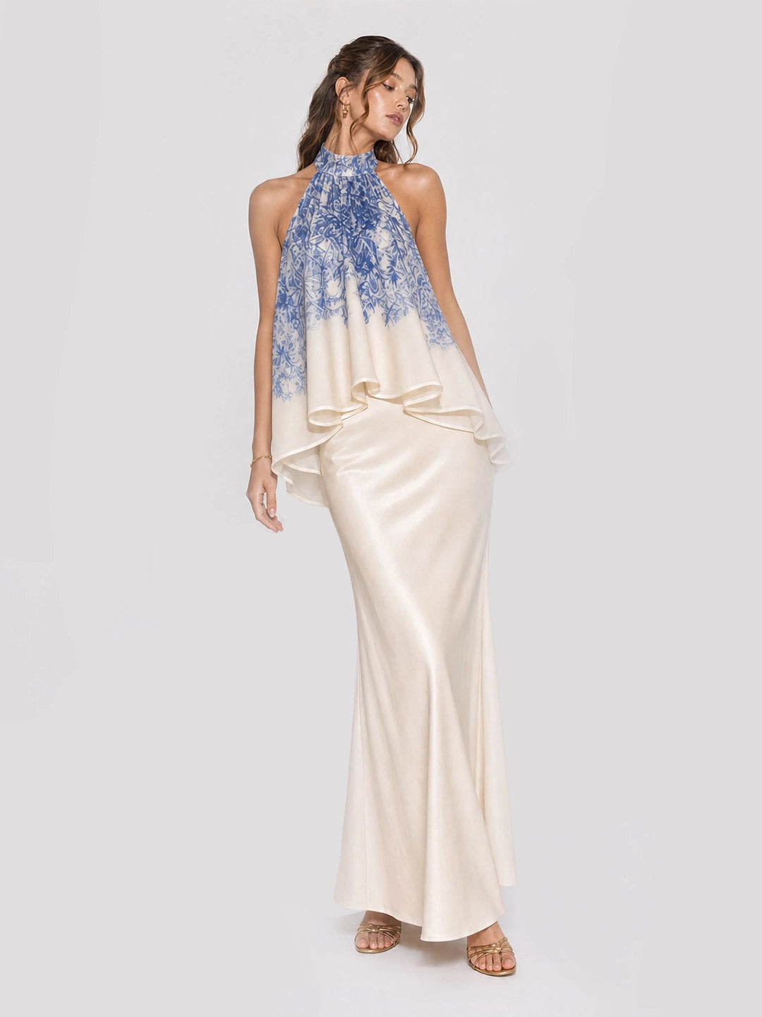 Halterneck Layered Ruffle Stain Maxi Dress