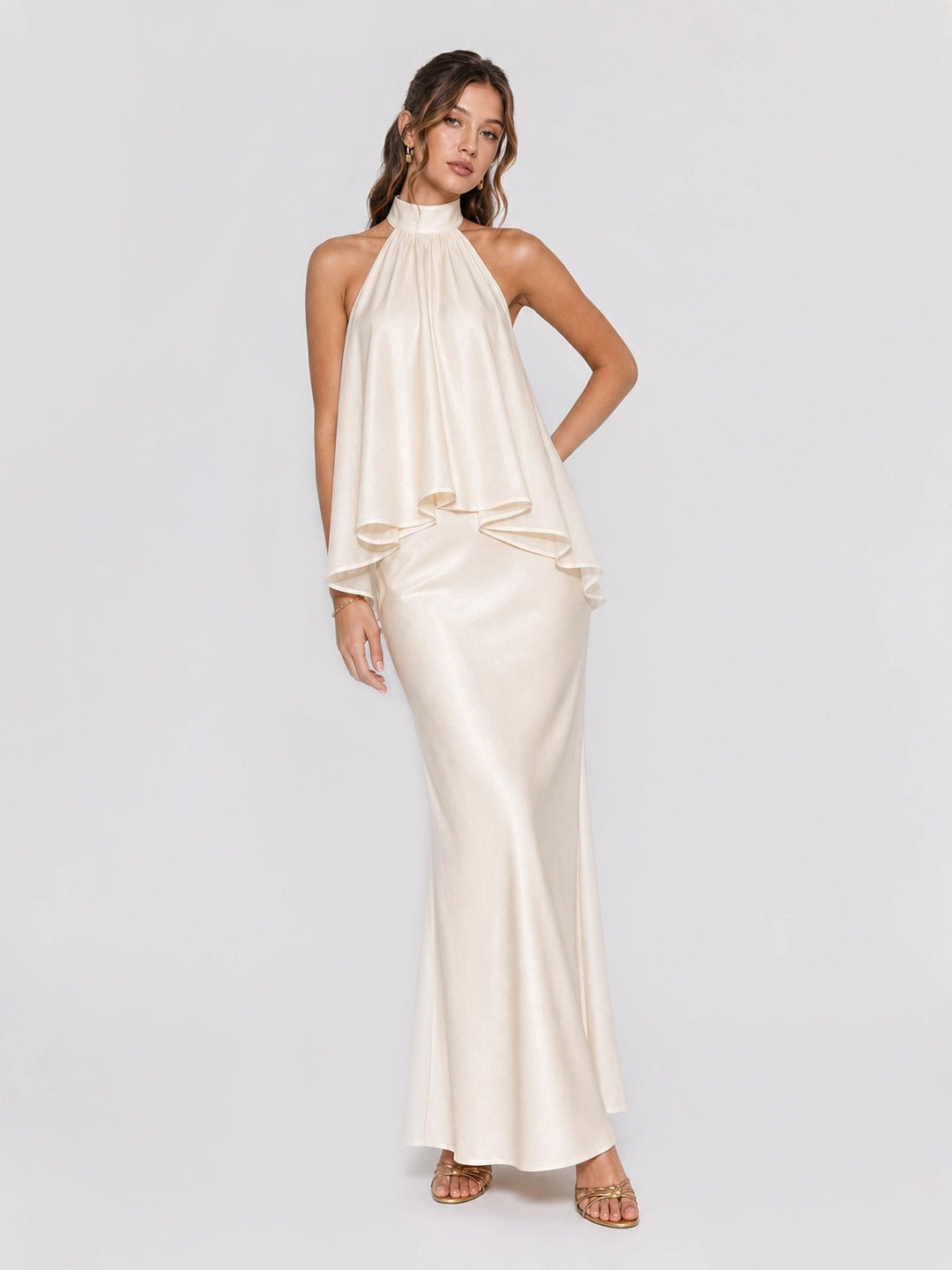 Halterneck Layered Ruffle Stain Maxi Dress