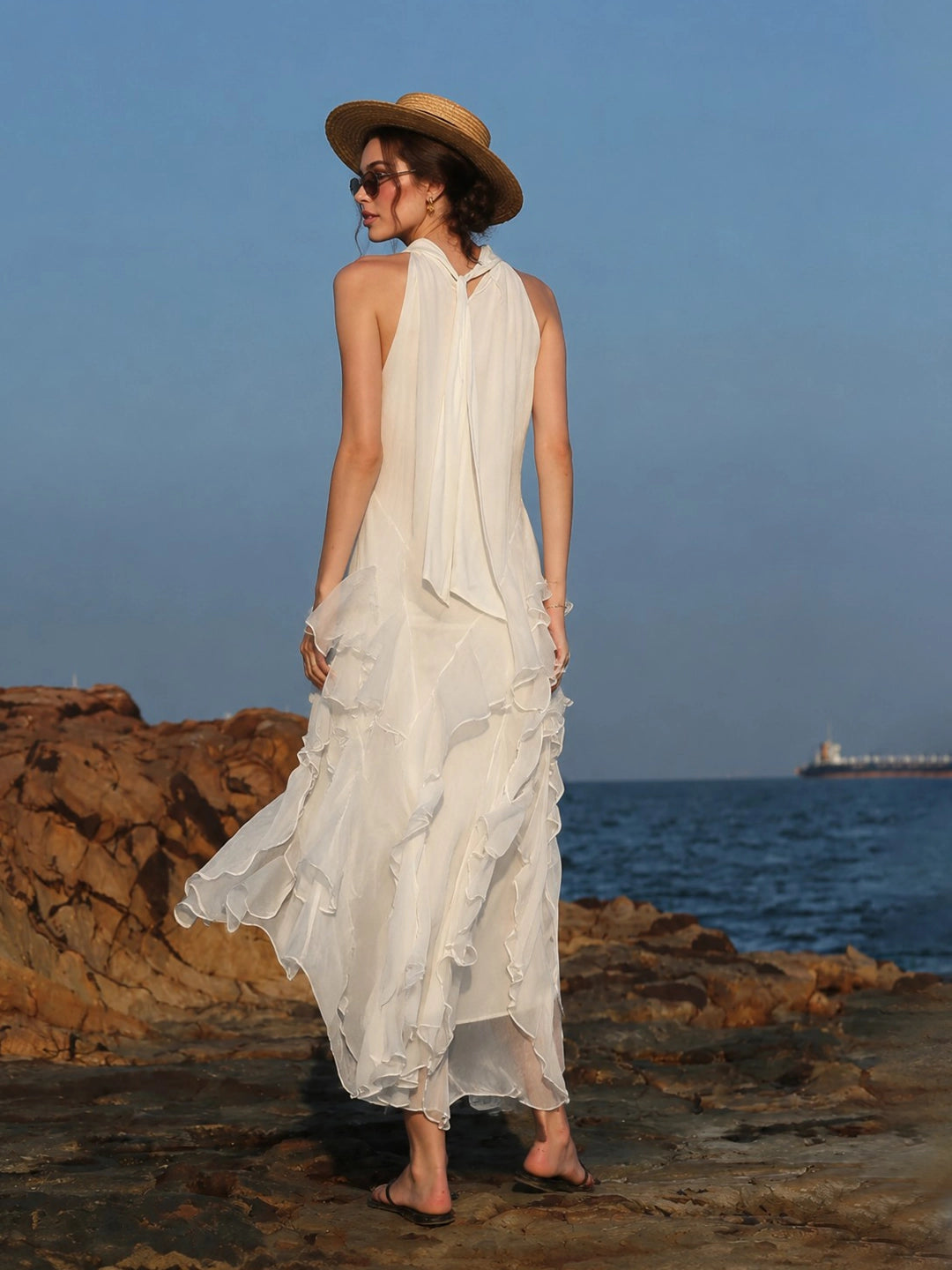 High-Low Ruffle Halter Chiffon Maxi Dress