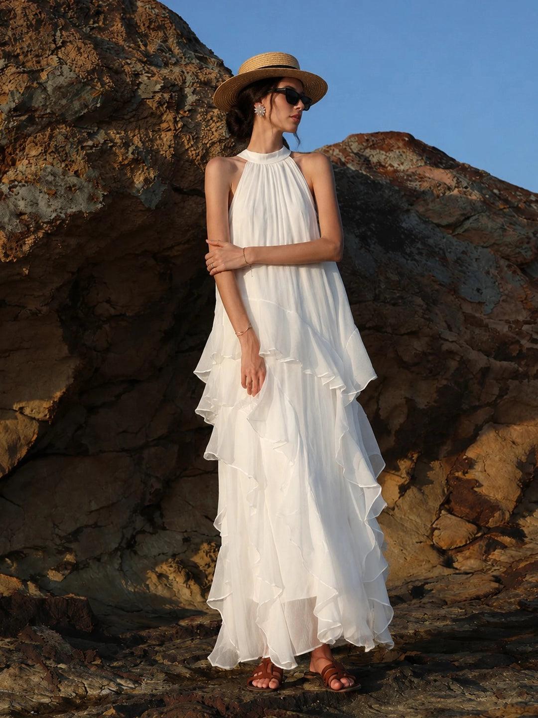 High-Low Ruffle Halter Chiffon Maxi Dress