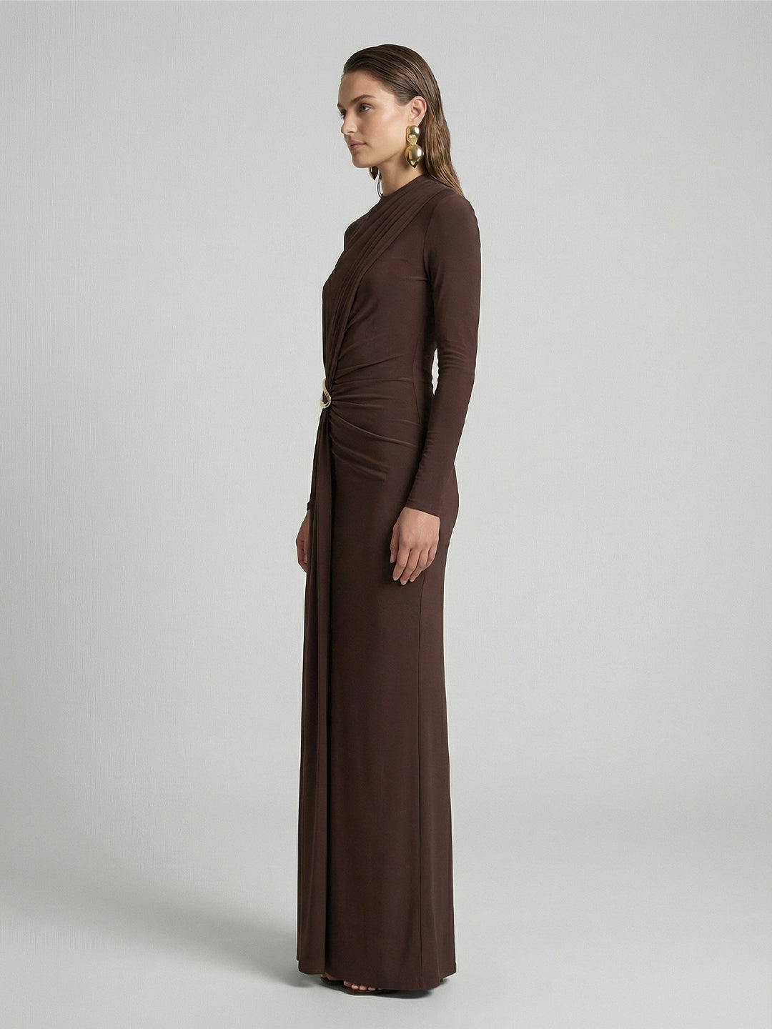 High-Neck Maxi Dress With Gathered-Detail