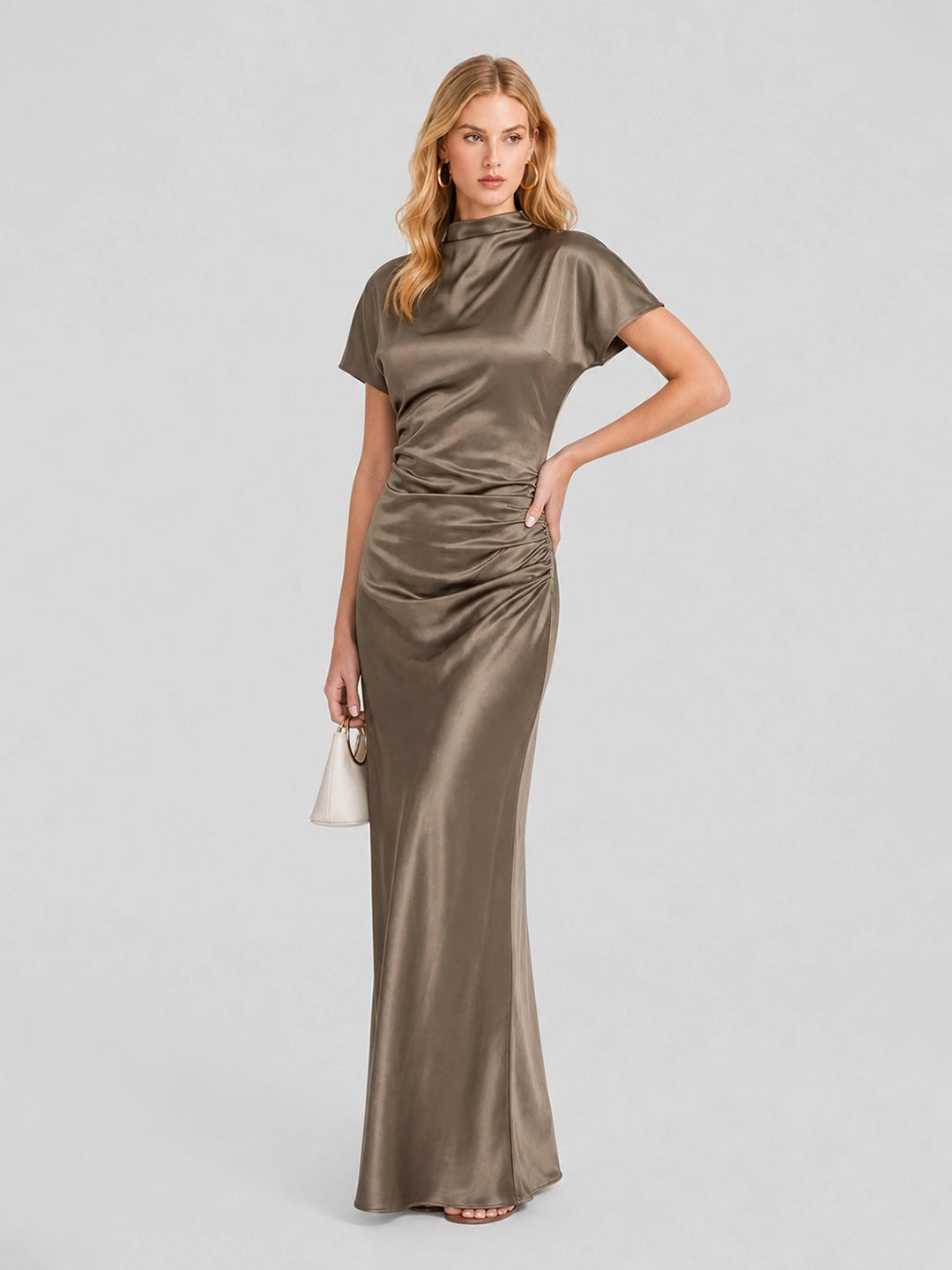 High Boat Neck Stain Maxi Dress With Ruched Detailing