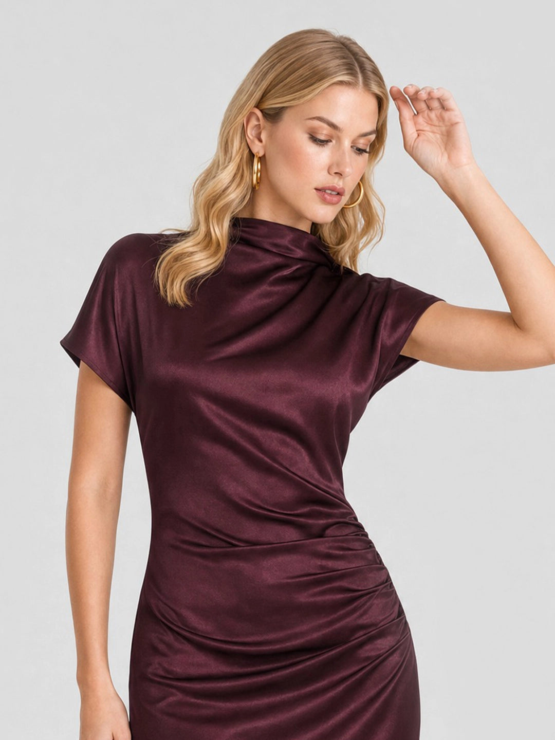 High Boat Neck Stain Maxi Dress With Ruched Detailing