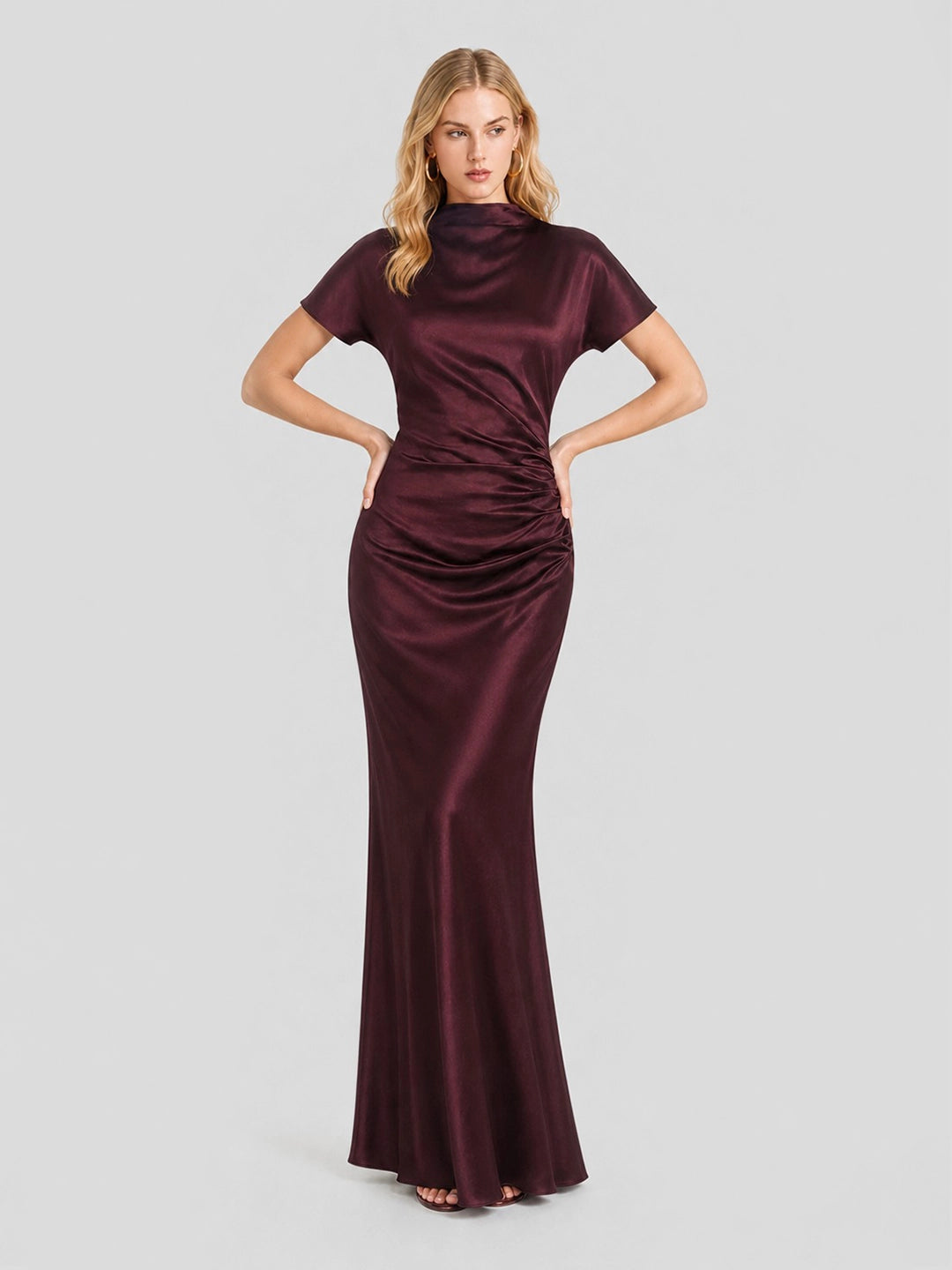High Boat Neck Stain Maxi Dress With Ruched Detailing