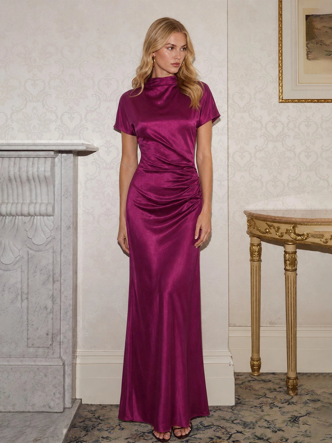 High Boat Neck Stain Maxi Dress With Ruched Detailing