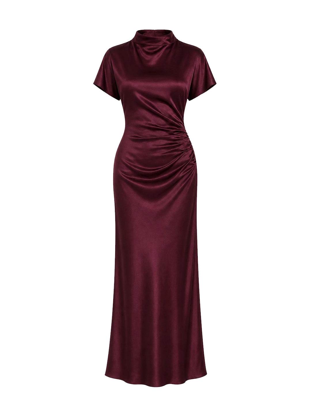 High Boat Neck Stain Maxi Dress With Ruched Detailing