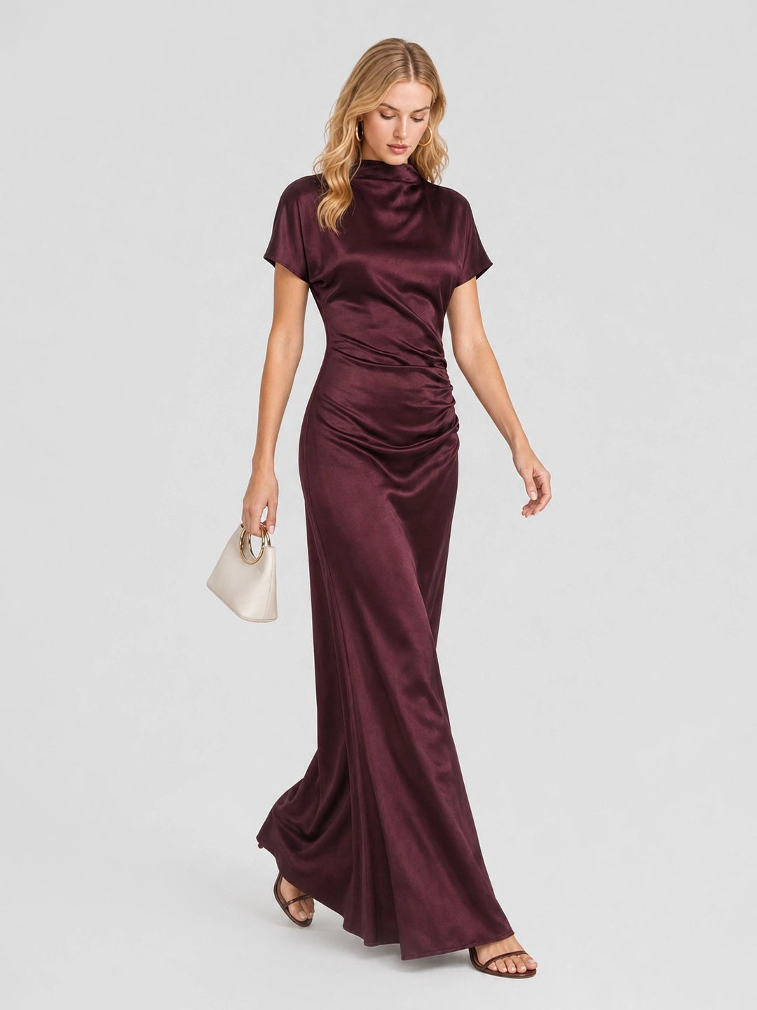 High Boat Neck Stain Maxi Dress With Ruched Detailing