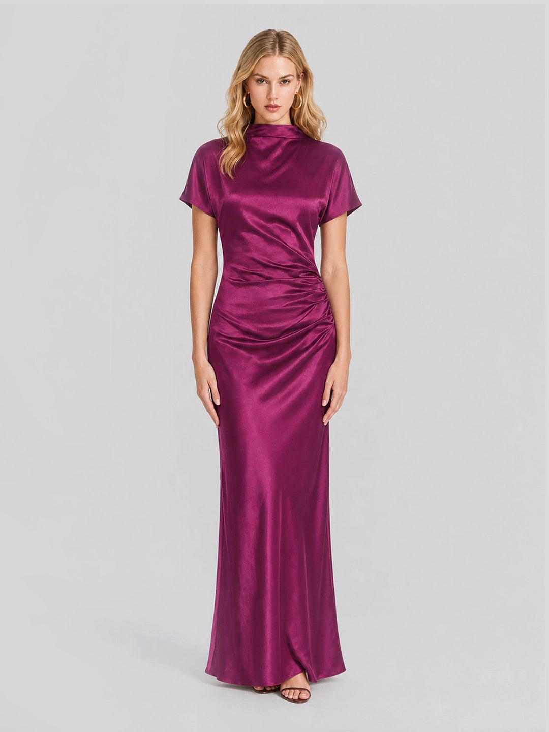 High Boat Neck Stain Maxi Dress With Ruched Detailing