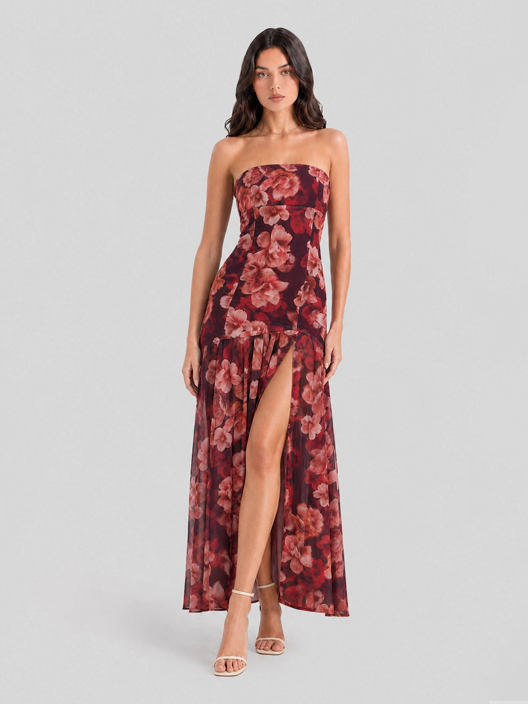 Strapless Dark Floral High Slit Maxi Dress