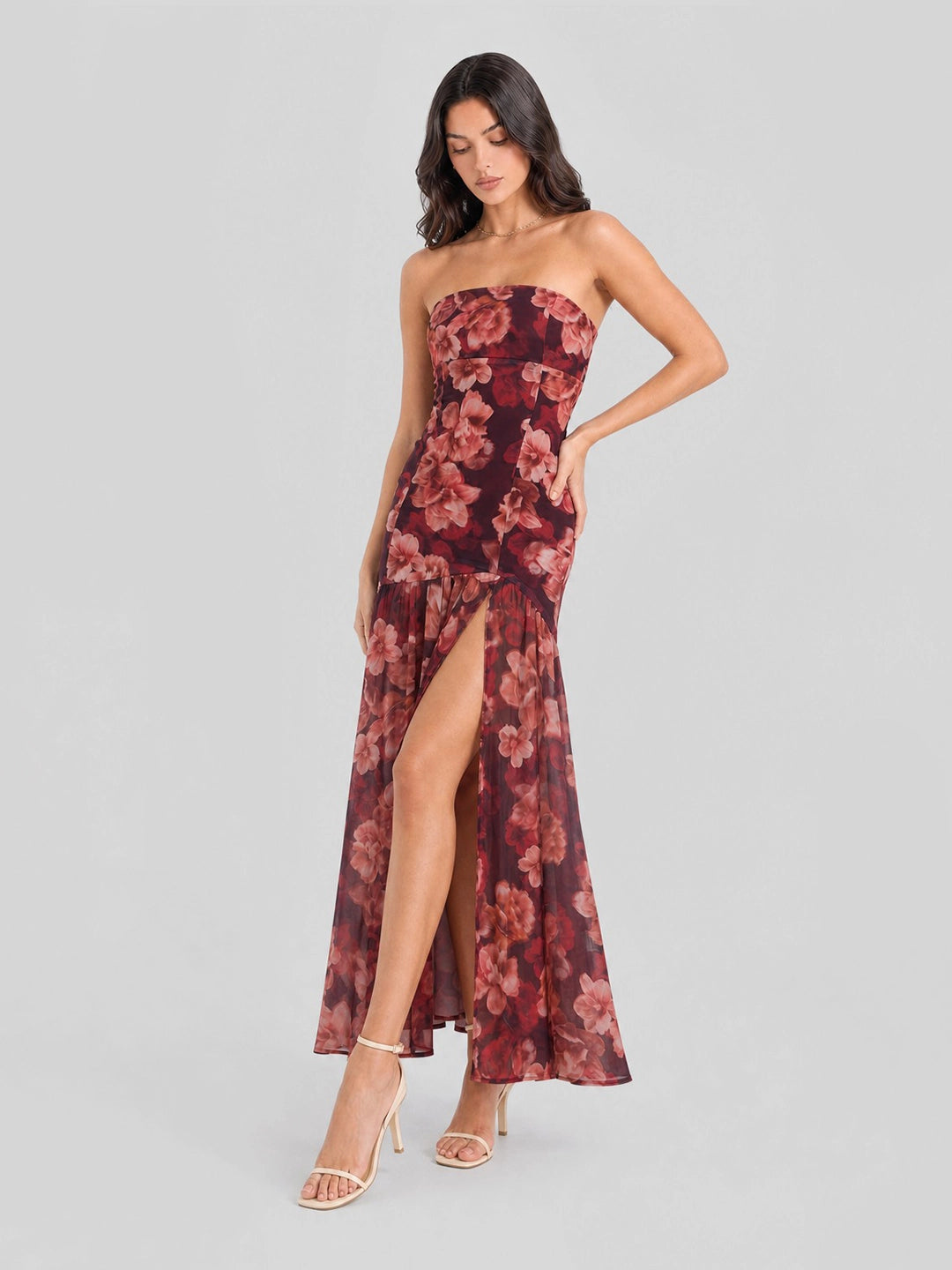 Strapless Dark Floral High Slit Maxi Dress