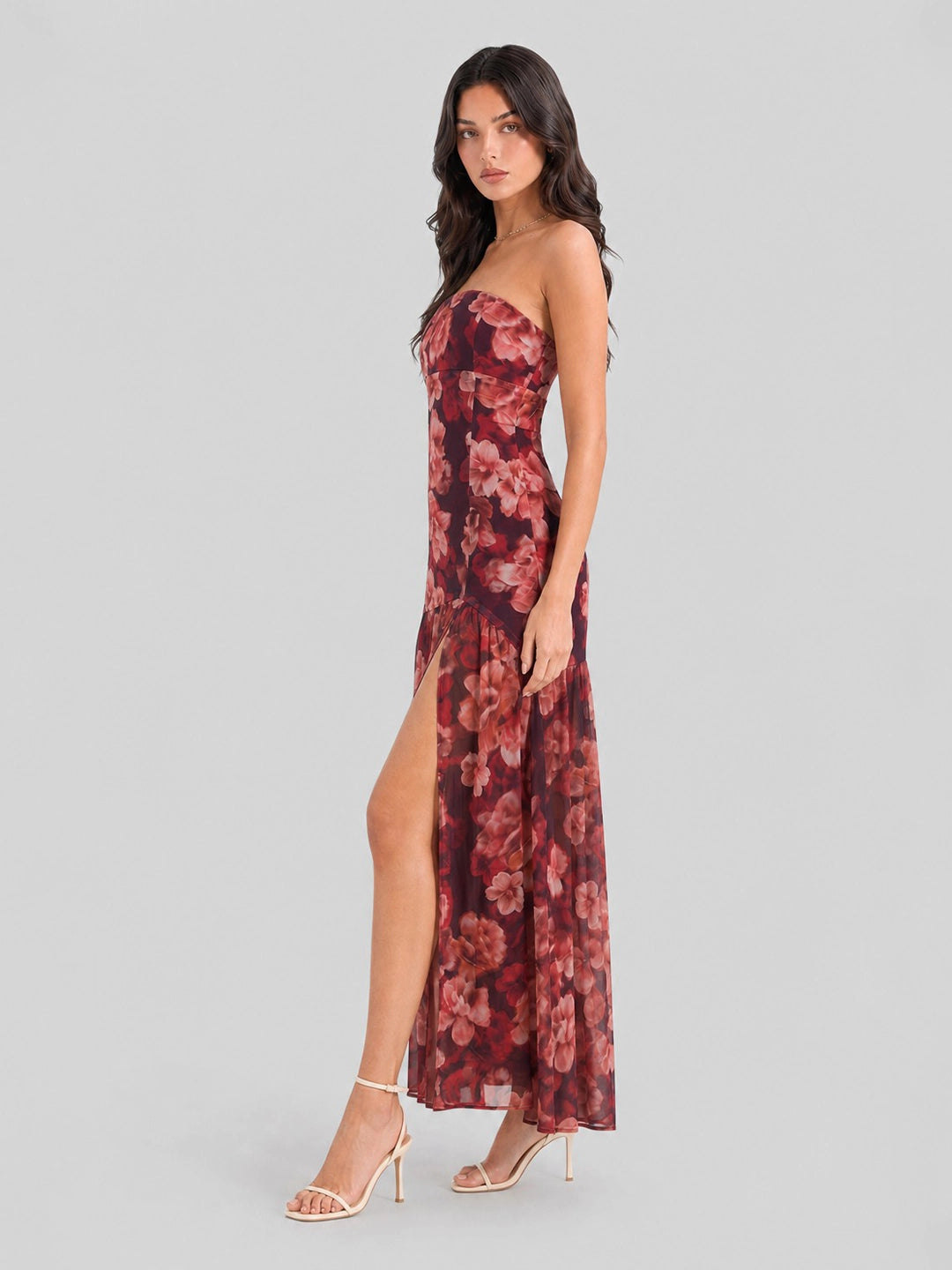 Strapless Dark Floral High Slit Maxi Dress