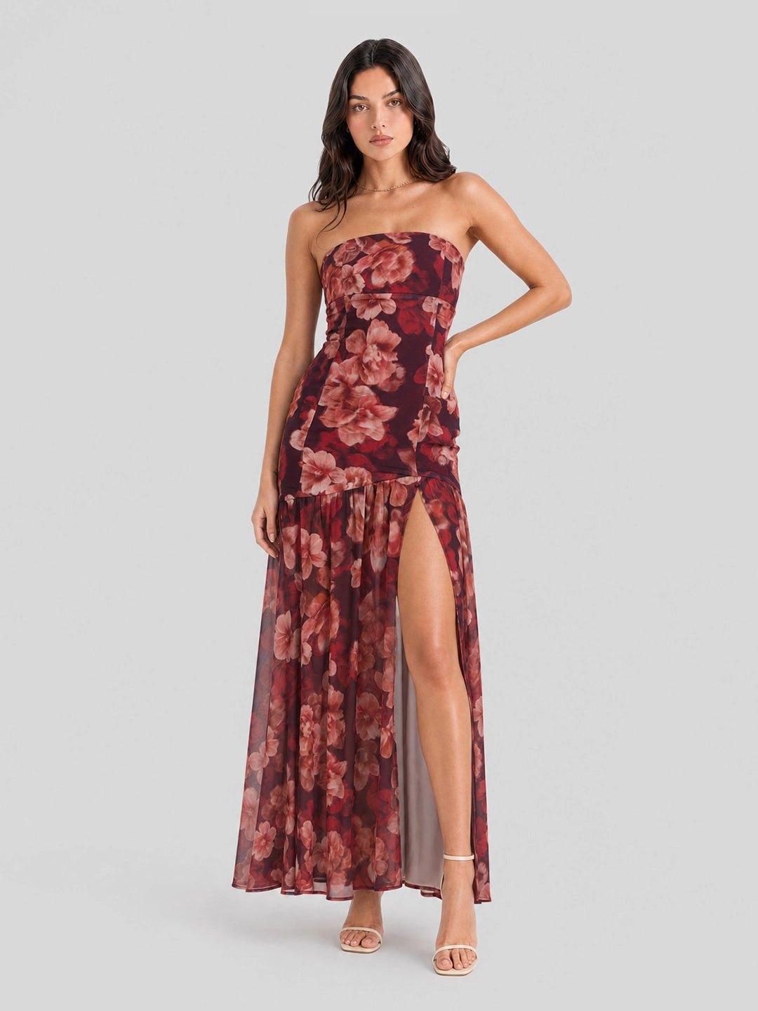 Strapless Dark Floral High Slit Maxi Dress