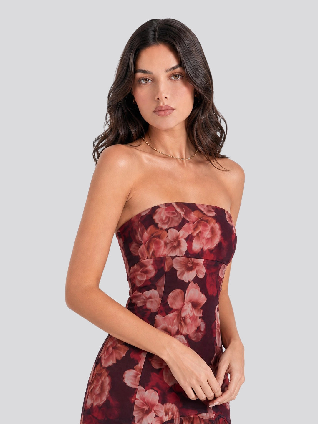 Strapless Dark Floral High Slit Maxi Dress