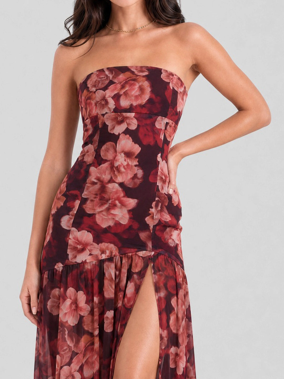 Strapless Dark Floral High Slit Maxi Dress