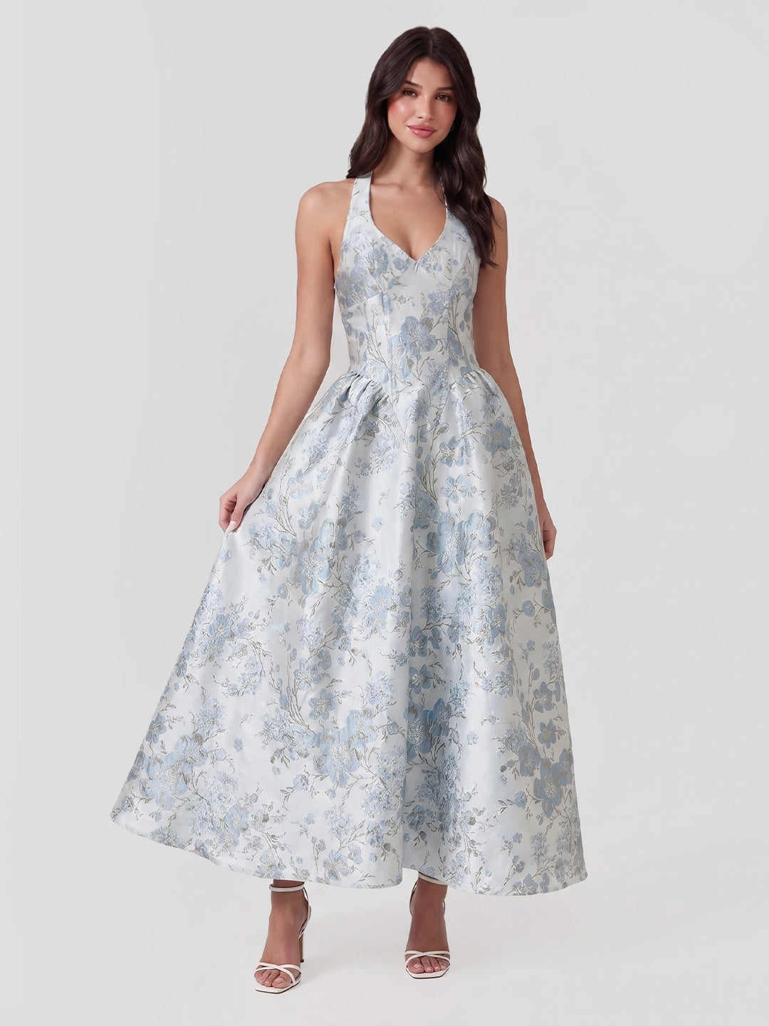 Jacquard Halter Neckline Floral Maxi Dress
