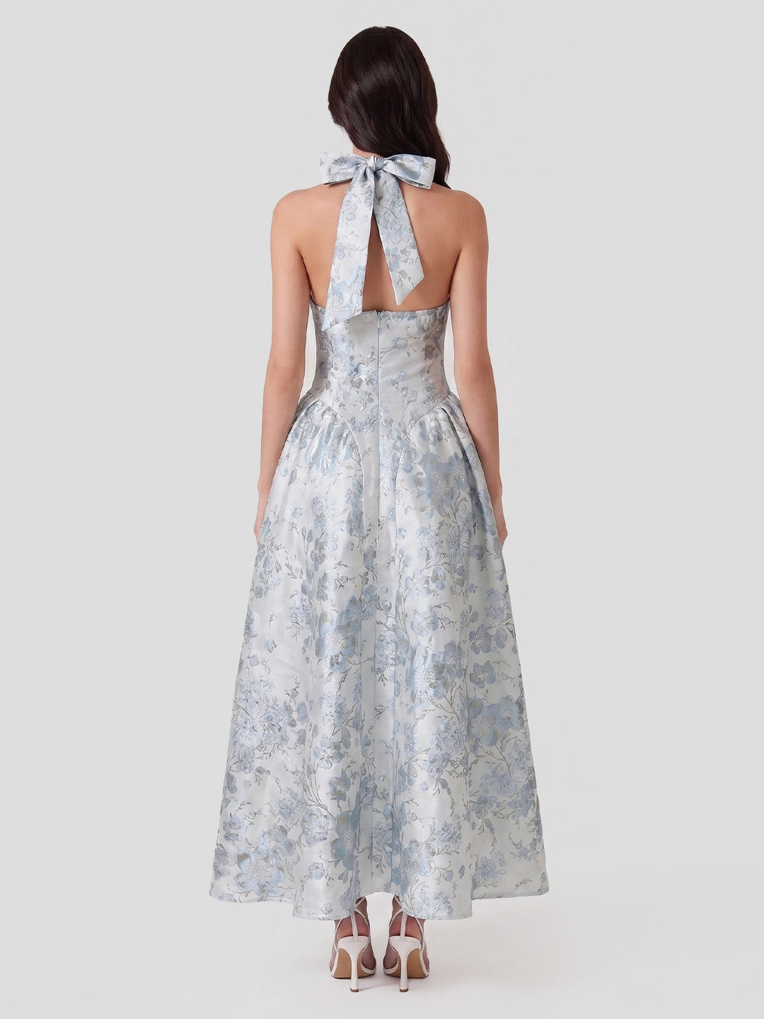 Jacquard Halter Neckline Floral Maxi Dress