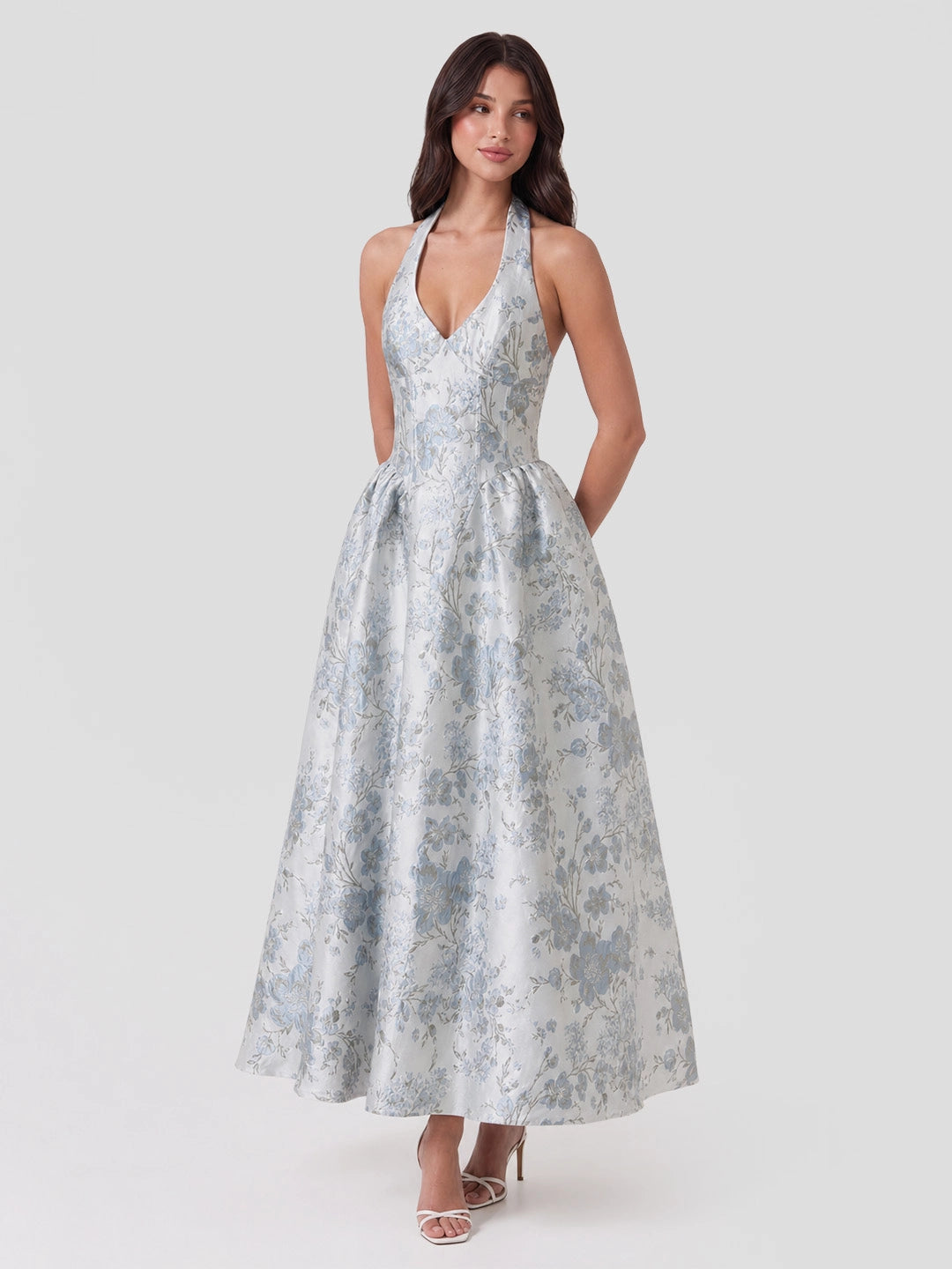 Jacquard Halter Neckline Floral Maxi Dress