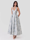 Jacquard Halter Neckline Floral Maxi Dress