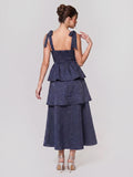 Jacquard Scoop Neckline Solid Bowknot Layered Maxi Dress