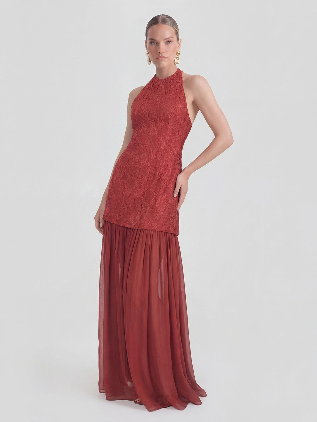 Jacquard & Pleated-Chiffon Mixed-Media Halter Gown