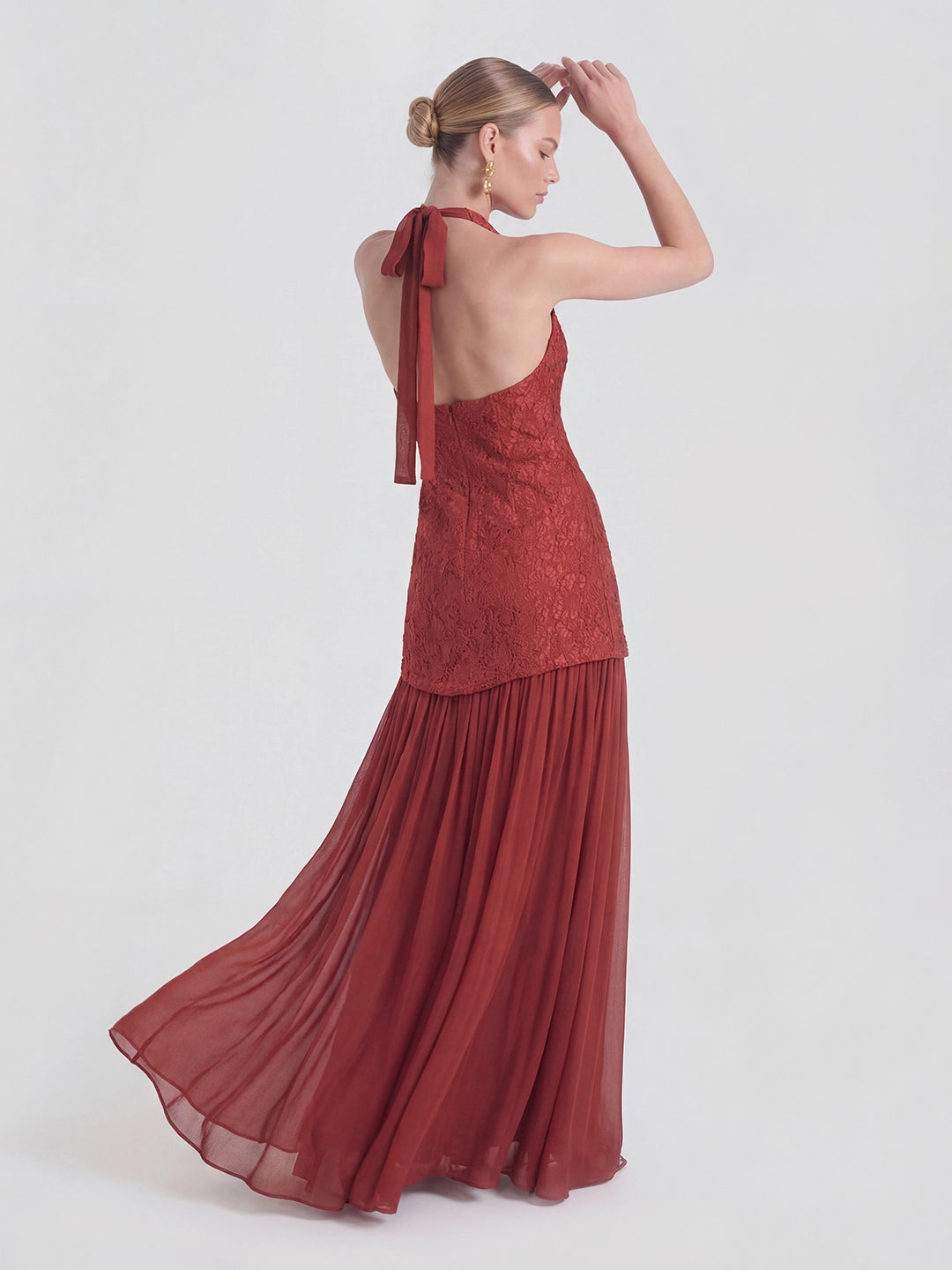 Jacquard & Pleated-Chiffon Mixed-Media Halter Gown