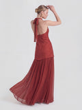 Jacquard & Pleated-Chiffon Mixed-Media Halter Gown