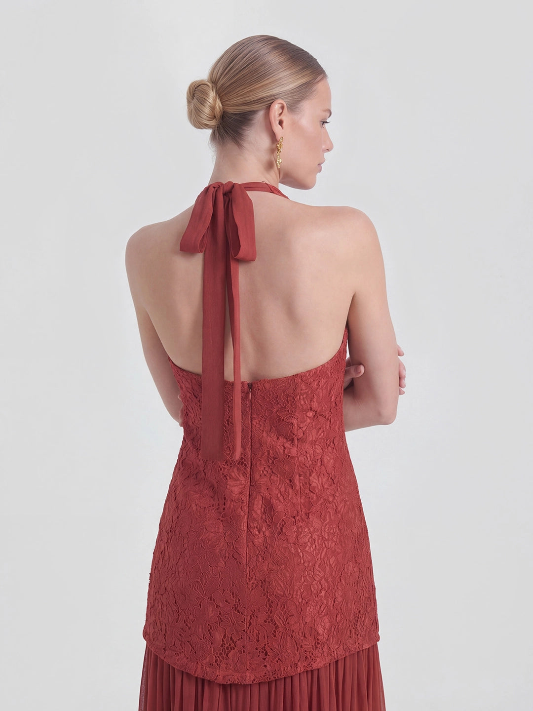 Jacquard & Pleated-Chiffon Mixed-Media Halter Gown