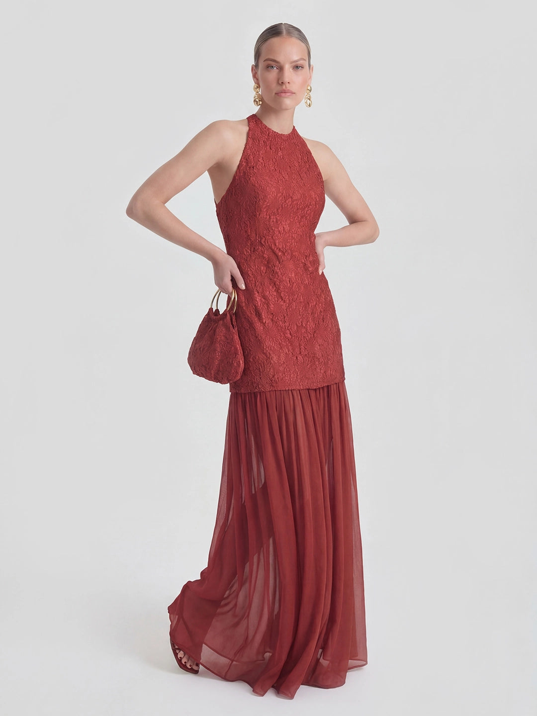 Jacquard & Pleated-Chiffon Mixed-Media Halter Gown