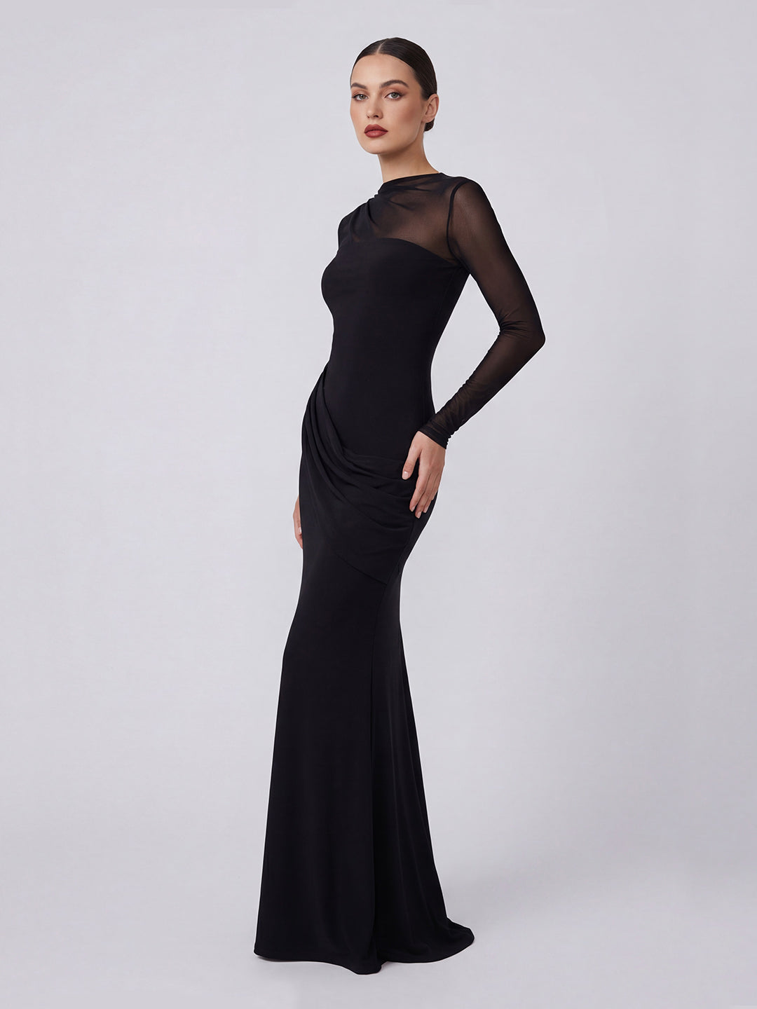 Jersey And Mesh High Neck Gown