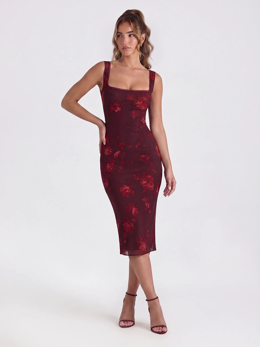Lace-Trimmed Backless Dress with Floral Print