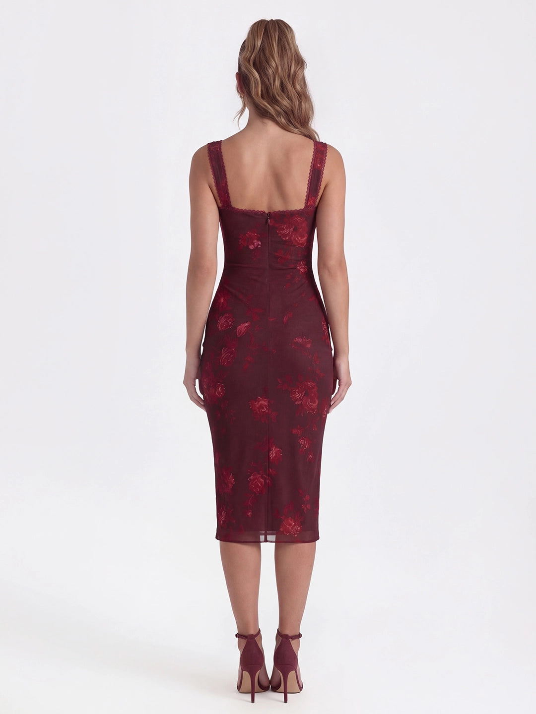 Lace-Trimmed Backless Dress with Floral Print