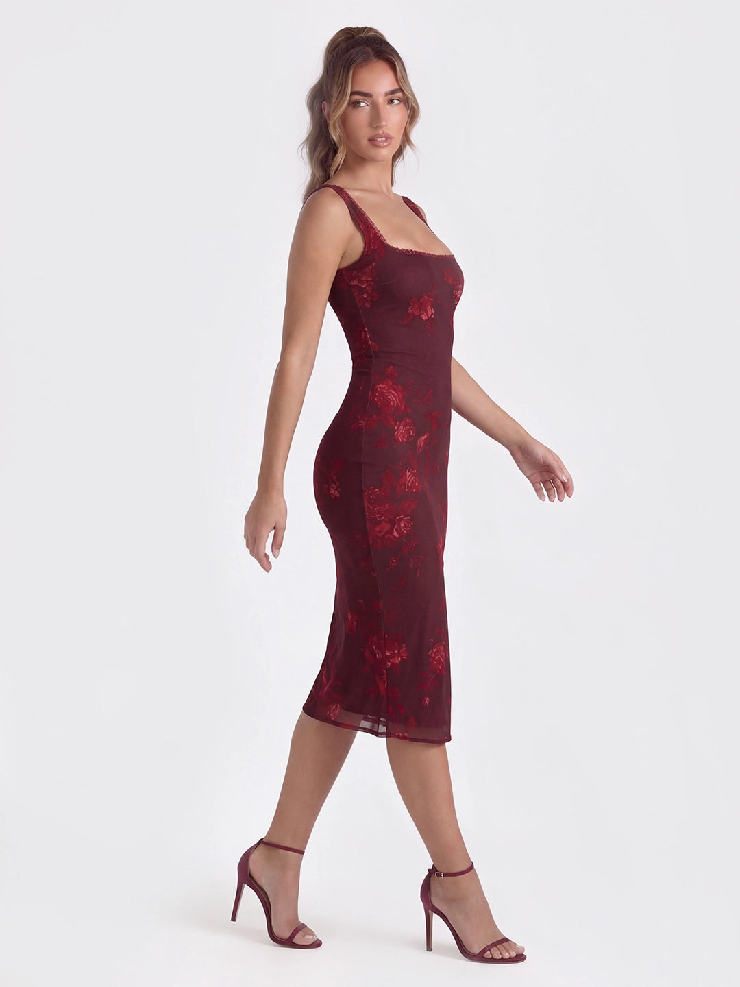 Lace-Trimmed Backless Dress with Floral Print