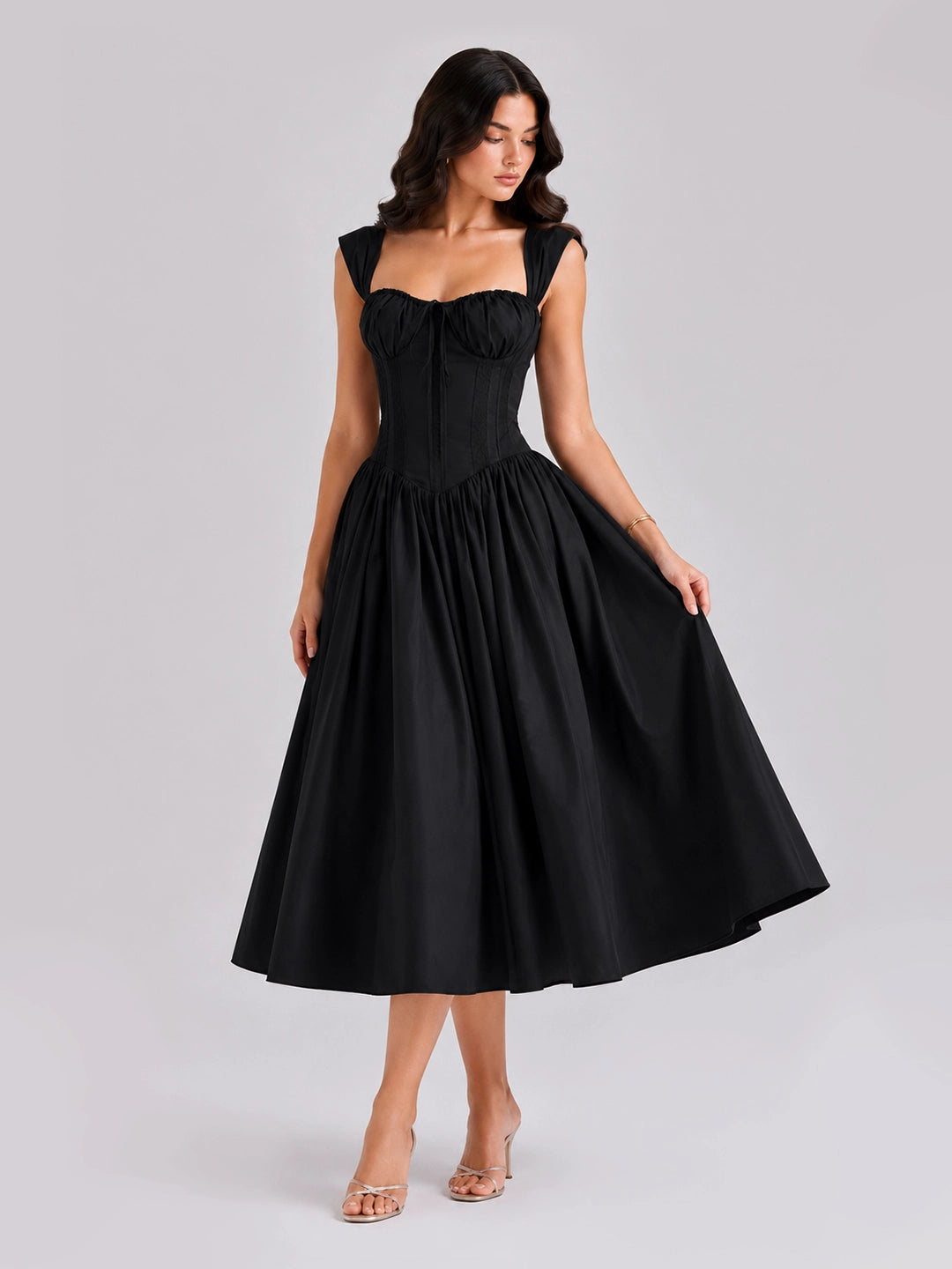 Lace-Up Corset Midi Dress with Full Skirt