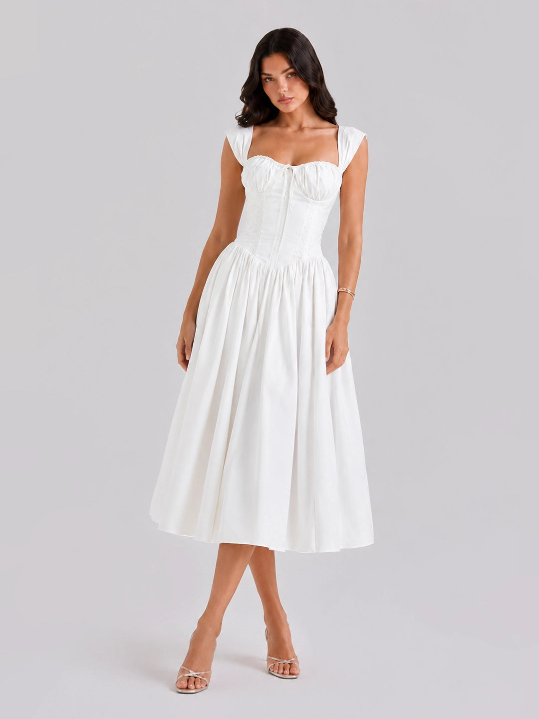 Lace-Up Corset Midi Dress with Full Skirt