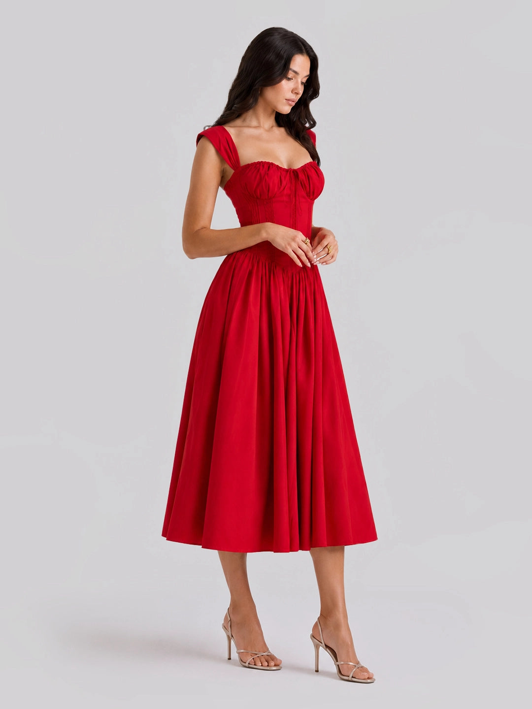 Lace-Up Corset Midi Dress with Full Skirt