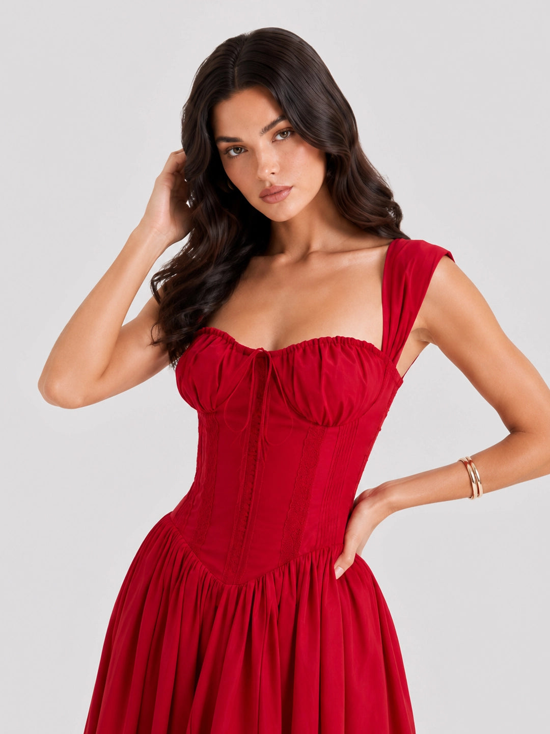 Lace-Up Corset Midi Dress with Full Skirt