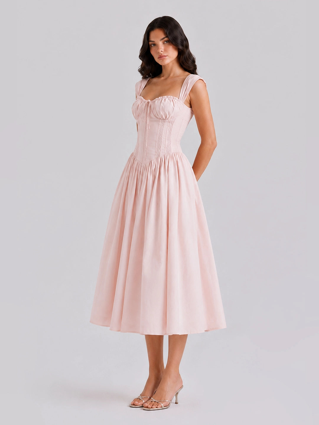 Lace-Up Corset Midi Dress with Full Skirt