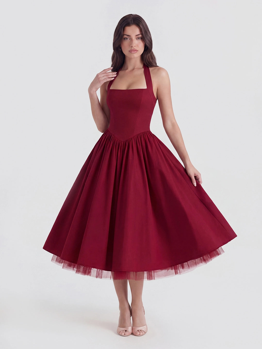 Lace-Up Halter Midi with Exposed Tulle Hem