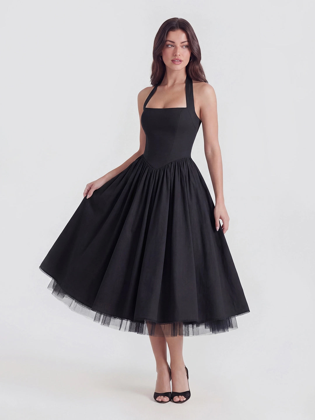 Lace-Up Halter Midi with Exposed Tulle Hem