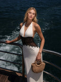 Halter Neck Lace and Satin Low Back Maxi Dress